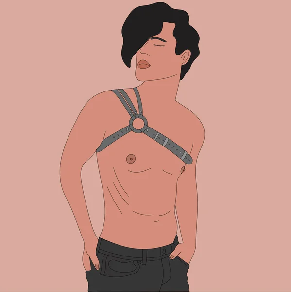 图上的男人摆出性感裸体的造型性感的躯干同性恋Lgbt Bdsm黑白线素描艺术浮雕 — 图库矢量图片
