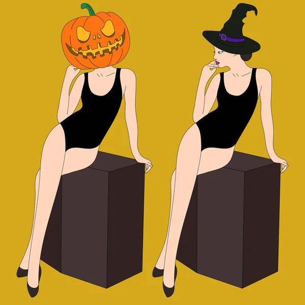 Zwei Hexenmädchen Halloween — Stockvektor