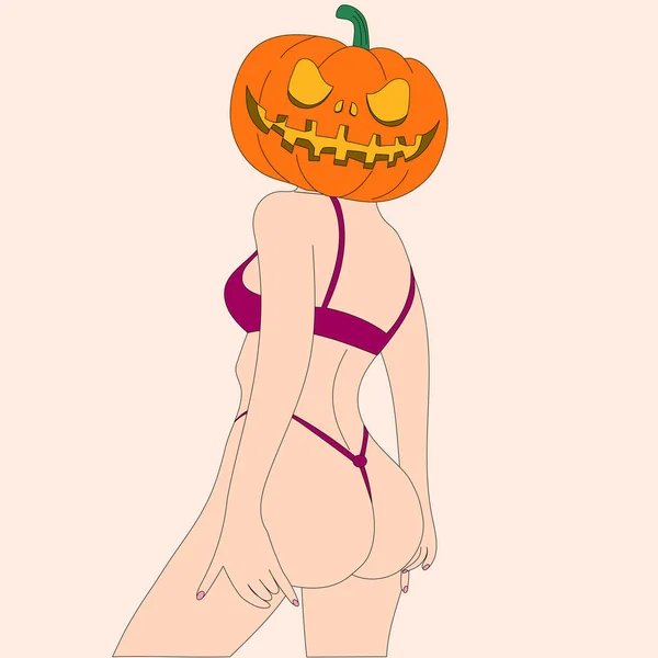 Seorang Gadis Dengan Bikini Dan Kepala Labu Halloween - Stok Vektor