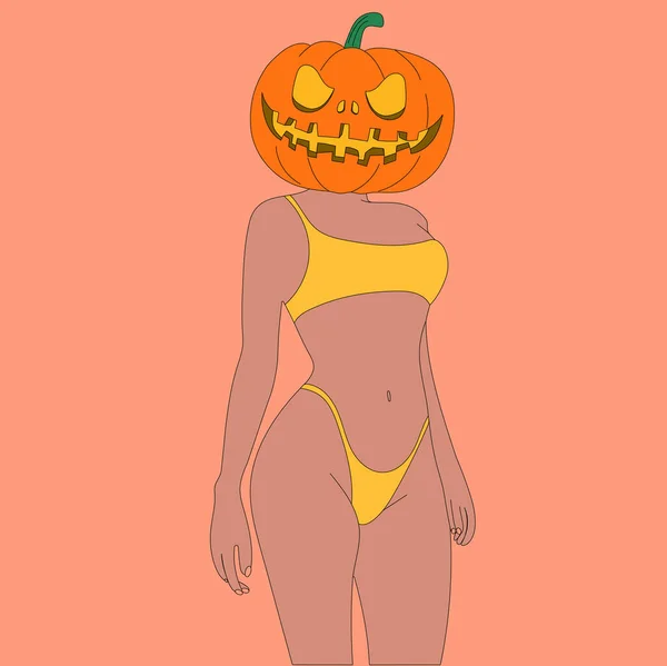 Girl Lingerie Scary Pumpkin Head — Stock Vector