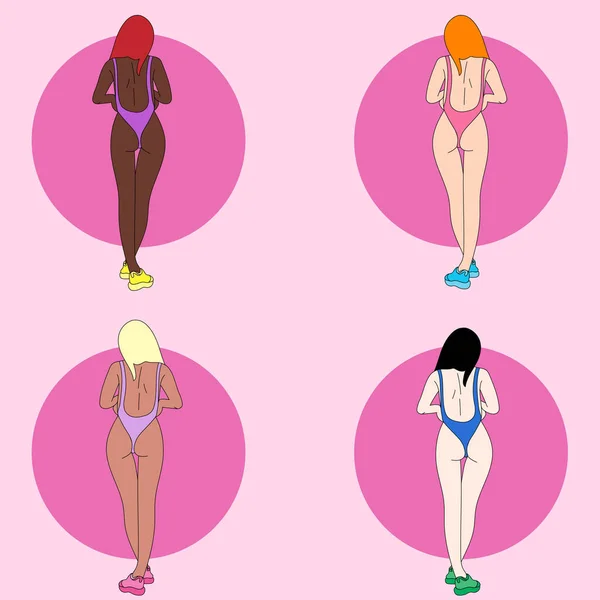 Illustration Girl Standing Her Back Sneakers Swimsuit Red Hair Pink — Stockvector