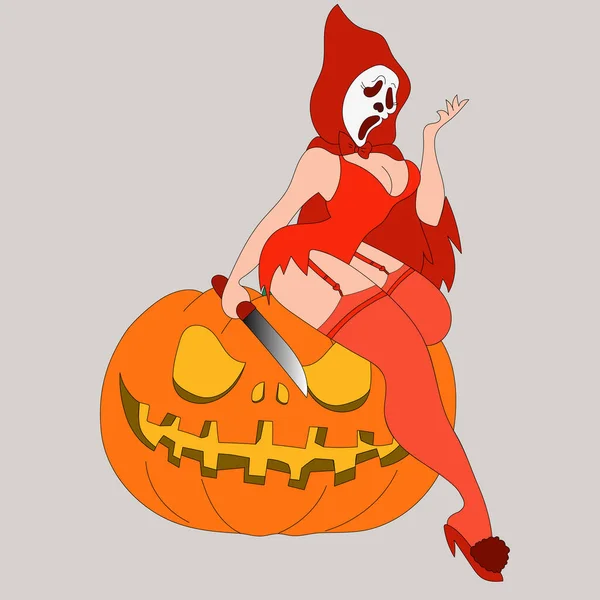 Girl Scream Halloween Scary Sexy Red Pumpkin — Stock Vector