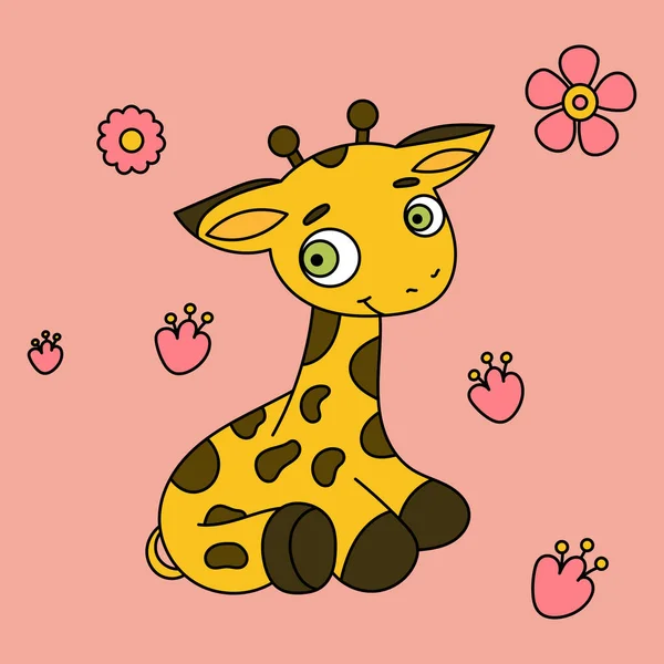 Cute Żyrafa Uśmiecha Się Kwiatami — Wektor stockowy