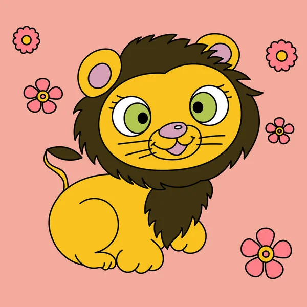 Χαριτωμένο Λιοντάρι Λουλούδια Χαμογελά — Διανυσματικό Αρχείο