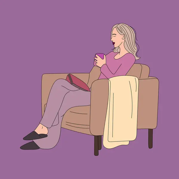 Menina Está Sentada Uma Poltrona Com Livro Copo Ilustrações De Stock Royalty-Free