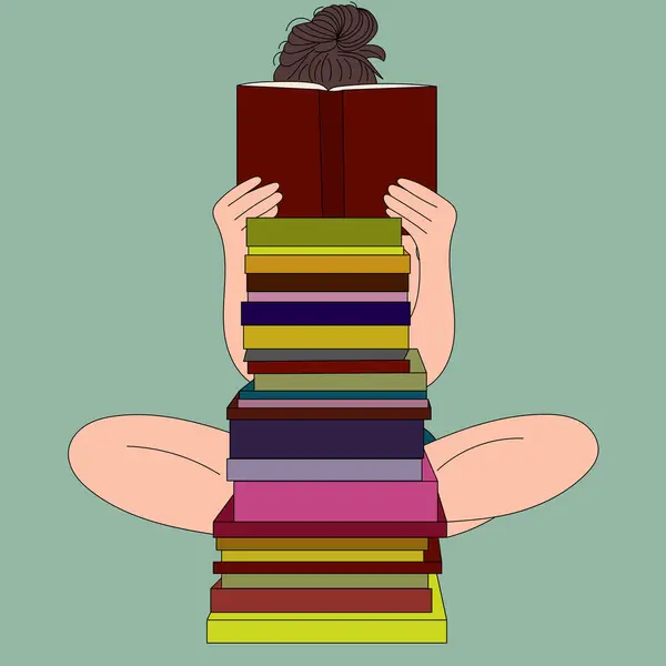 Uma Menina Está Lendo Livro Sentado Chão Ilustração De Stock