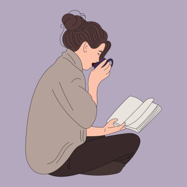 Kız bir fincan kahveyle oturuyor ve kitap okuyor.