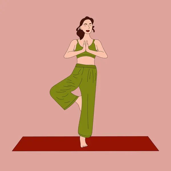Bir kız minderde yoga yapar ve tek ayak üstünde durur.