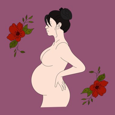 Çiçekli, narin hamile bir kızın el çizimi.
