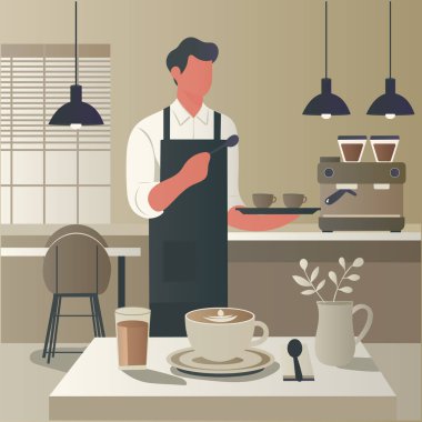 Sıcak güneş gözlüklü rahat bir kafenin ve bir baristanın resmi.