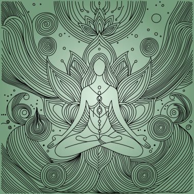 Siren çalan bir kızın çizgilerle çizilmiş yoga harmonisi meditasyonu.