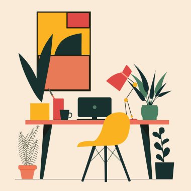 Minimalist Konforlu İçişleri Ofisi Çalışma Alanı İllüstrasyonu