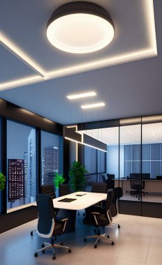 Siyah sandalyeli bir toplantı odası ve büyük pencerelerin yanında bir ofis masası. Üretken yapay zeka. Yüksek kalite 3d illüstrasyon