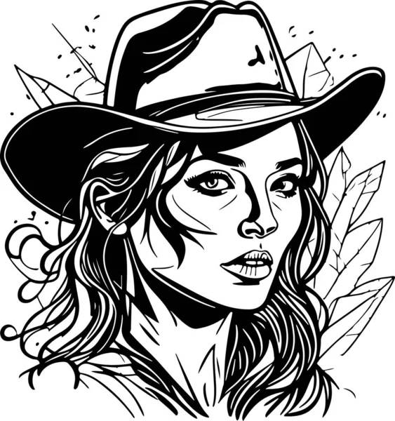 Vacker Monokrom Cowboy Kvinna Porträtt Vektor Vektorillustration — Stock vektor