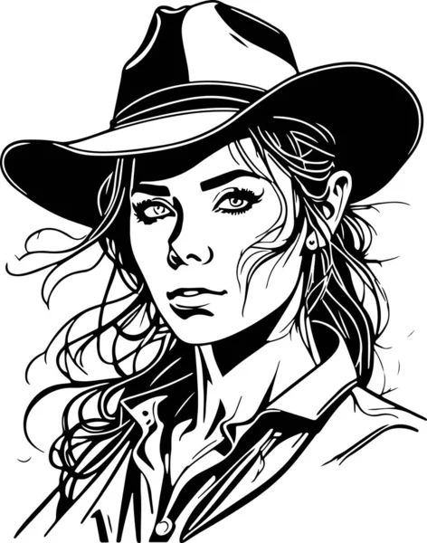 Incroyable Cowboy Monochrome Femme Portrait Vecteur Illustration Vectorielle — Image vectorielle