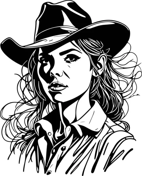 Fantastisk Monokrom Cowboy Kvinna Porträtt Vektor Vektorillustration — Stock vektor