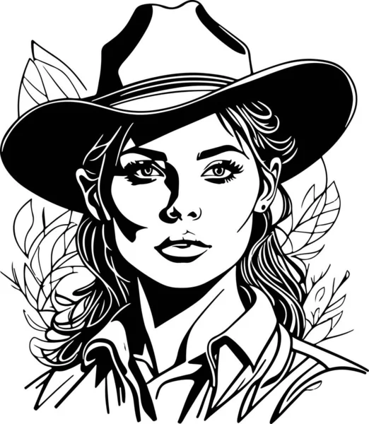 Gran Vector Retrato Mujer Vaquero Monocromo Ilustración Vectorial — Archivo Imágenes Vectoriales