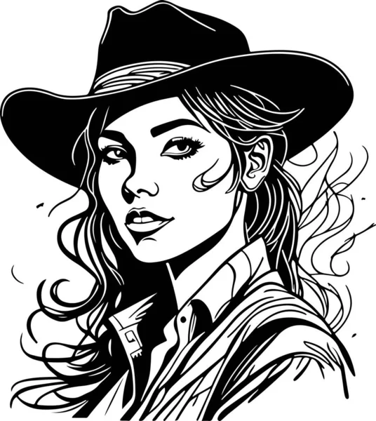 Fantastiska Monokroma Cowboy Kvinna Porträtt Vektor Vektorillustration — Stock vektor