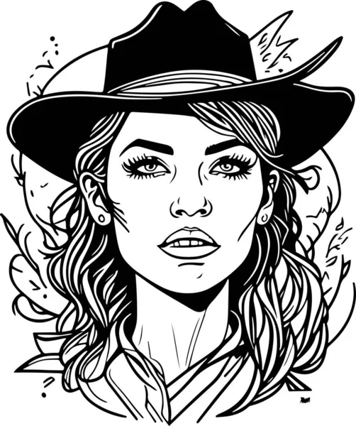 Muito Monocromático Vetor Retrato Mulher Cowboy Ilustração Vetorial —  Vetores de Stock
