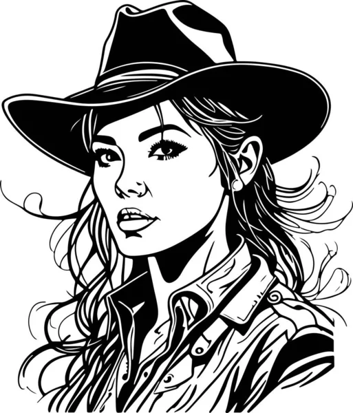 Fantastisk Monokrom Cowboykvinna Porträttvektor Vektorillustration — Stock vektor