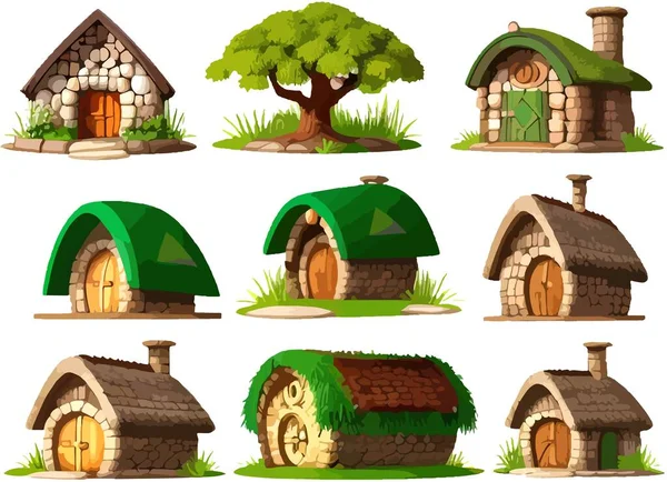 Mooi Dwerg Hobbit Huis Vector Set Vectorillustratie — Stockvector