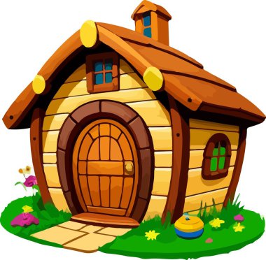 Harika, şirinlik cücesi ve hobbit evi. Vektör illüstrasyonu