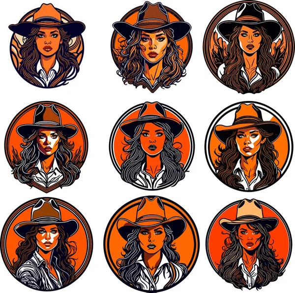 Vackra Cowboy Kvinnor Färg Vektor Konst Set Vektorillustration — Stock vektor