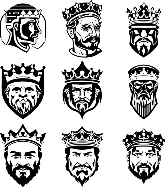 Bellissimo Set Icone King Head Art Vector Illustrazione Vettoriale — Vettoriale Stock