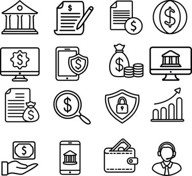 Mali vektör simgeleri çizgisi ayarlandı. Ödemeler, para. Vektör illüstrasyonu