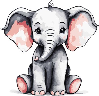 Süper sevimli vektör sanatı suluboya şirin fil. Vektör illüstrasyonu