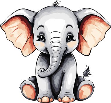 Süper sevimli suluboya fil vektör sanatı. Vektör illüstrasyonu