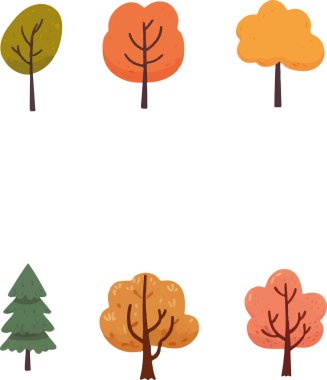 Fantastik ve güzel çizgi film sonbahar ağaçları sanat vektörü seti. Vektör illüstrasyonu