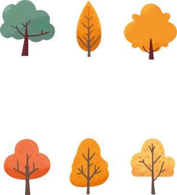 Olağanüstü ve güzel çizgi film sonbahar ağaçları sanat vektörü seti. Vektör illüstrasyonu