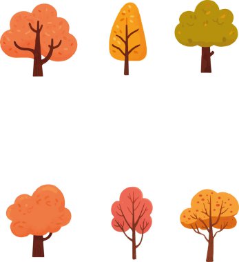 İnanılmaz ve güzel çizgi film sonbahar ağaçları sanat vektörü seti. Vektör illüstrasyonu