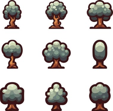 Güzel ve sevimli oyun öğeleri ağaç vektör seti. Vektör illüstrasyonu