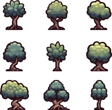 Mükemmel ve sevimli oyun öğeleri ağaç vektör seti. Vektör illüstrasyonu