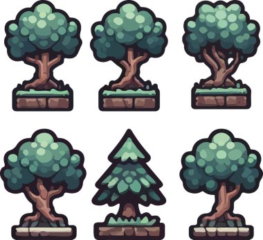 Harika ve sevimli oyun öğeleri ağaç vektör seti. Vektör illüstrasyonu