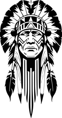 Siyah-beyaz bir vektör çiziminde oldukça sembolik bir Amerikan şefi, talep üzerine logo tasarımı, dövme tasarımı veya baskı için uygundur. Vektör illüstrasyonu