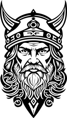 Fantastik çizgi sanatı stili Viking baş vektör grafik şablonu logo tasarımı, dövme tasarımı veya talep üzerine baskı için uygundur. Vektör illüstrasyonu