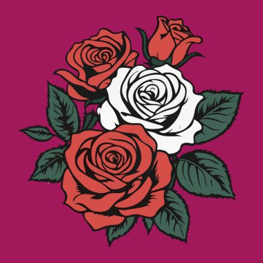 Tatlı gül çizgi filmi vektör sanatı, dövme stili. Vektör illüstrasyonu