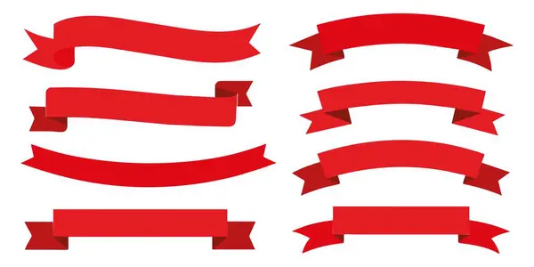 Güzel bir kurdele, afiş ya da etiket vektör logosu seti. Düz kırmızı renk. Vektör illüstrasyonu