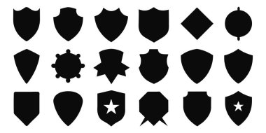 Harika bir kalkan, rozetler vektör logo sanat seti. Düz siyah renk vektör çizimi. Vektör illüstrasyonu