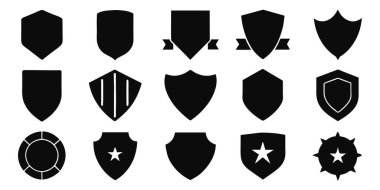 İnanılmaz güzel bir kalkan, rozet vektör sanat seti. Düz siyah renk. Vektör illüstrasyonu