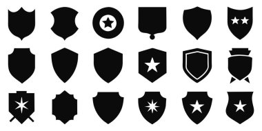 Şahane bir kalkan, rozetler vektör logo sanat seti. Düz siyah renk vektör çizimi. Vektör illüstrasyonu