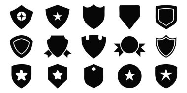 Harika bir kalkan, rozet vektör sanat seti. Düz siyah renk. Vektör illüstrasyonu