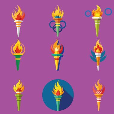 Tam renk olimpiyat meşalesi vektör seti. Düz renkler. Vektör illüstrasyonu