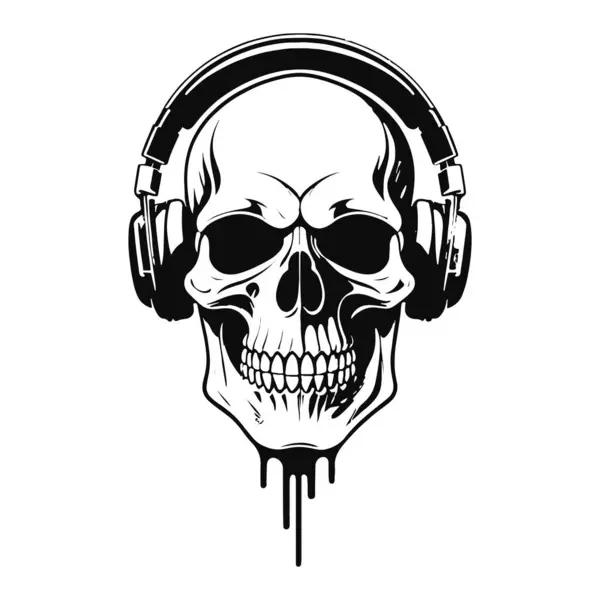 Kulaklık takan bir kafatası üzerine siyah-beyaz çizilmiş. Vektör illüstrasyonu