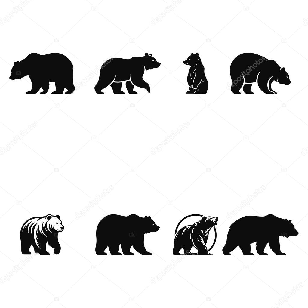 Bear Walking Silhouette Set. Bear, A Symbol of Strength. Vector illustration