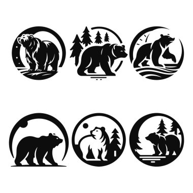 Bear and Forest Illustration Logo seti. Doğa ve Hayvan Sembolü. Vahşi doğanın ruhu. Vektör illüstrasyonu