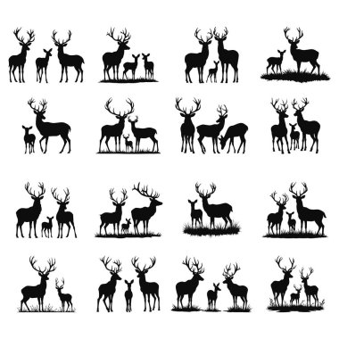 Çeşitli geyik türlerinden çarpıcı siyah siluetler, dişi ve erkek vahşi geyikler. Vektör illüstrasyonu